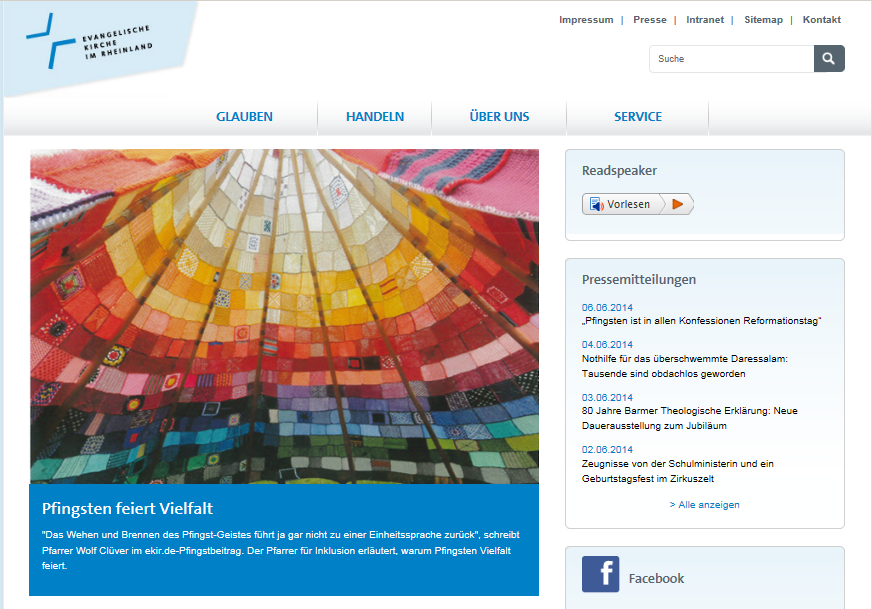 Webseite der Evangelischen Kirche im Rheinland mit dem Bild vom bunten Tipi-Innenraum und dem Titel: "Pfingsten feiert Vielfalt".