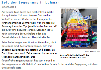 Text "Zelt der Begegnung in Lohmar", daneben ein Bild vom Zelt.
