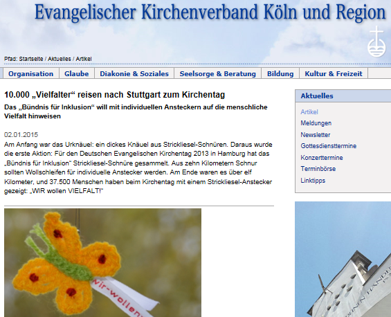 Webseite des Evangelischen Kirchenverbandes Köln und Region mit dem Häkel-Schmetterling.
