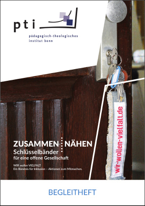 Titelblatt des Begleitheftes "zusammen : nähen - Schlüsselbänder für eine offene Gesellschaft"