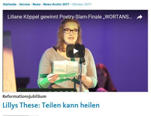 Liane Köppel beim Poetry Slam. Überschrift: Lillys These: Teilen kann heilen
